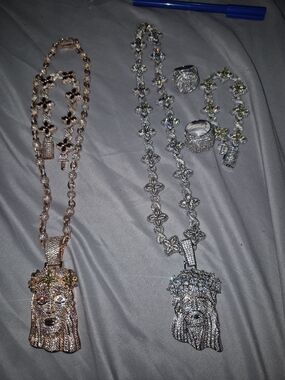 Rose Gold and Silver Crystal Jesus Head Pendant Necklaces